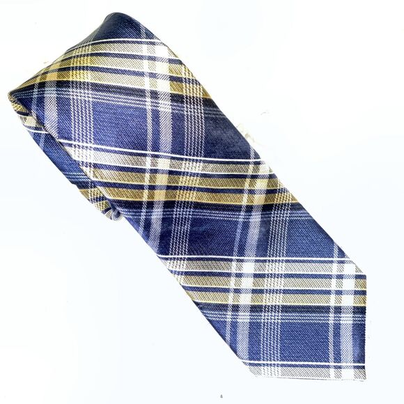 Pronto Uomo Men’s Neck Tie Blue And Yellow Plaid 100% Silk - Picture 3 of 3